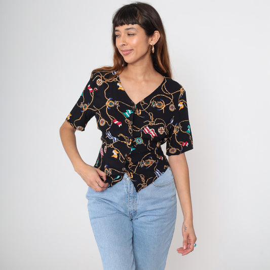 90s Kathie Lee Nautical Print Blouse Black Button-Front Short Sleeve Medium