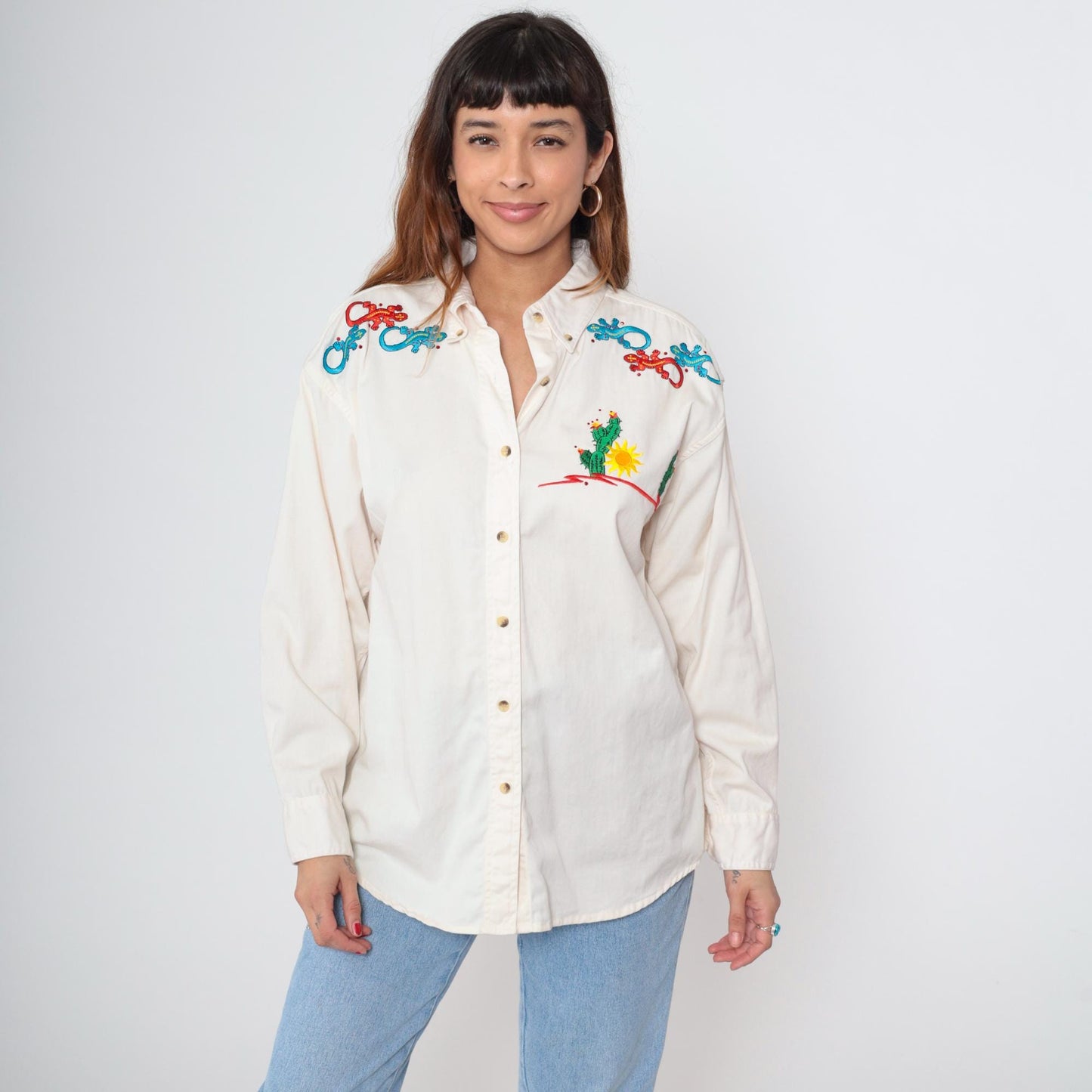 90s Pro Elite Cactus Gecko Embroidered Western Shirt White Cotton Large L