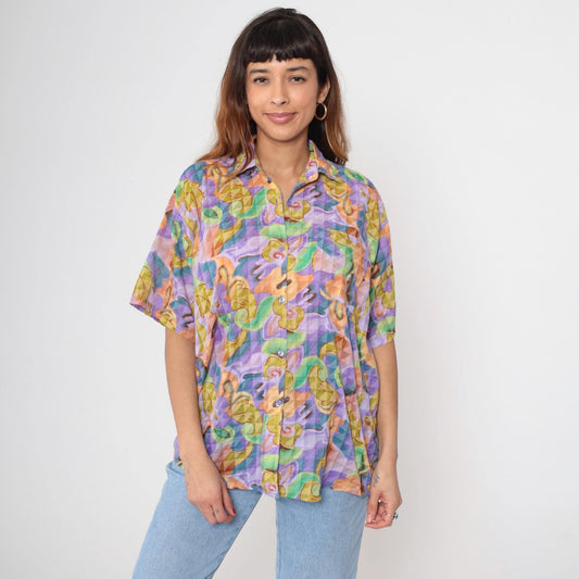 90s Rolls Abstract Psychedelic Swirl Button-Down Shirt Purple Green Extra Large XXL