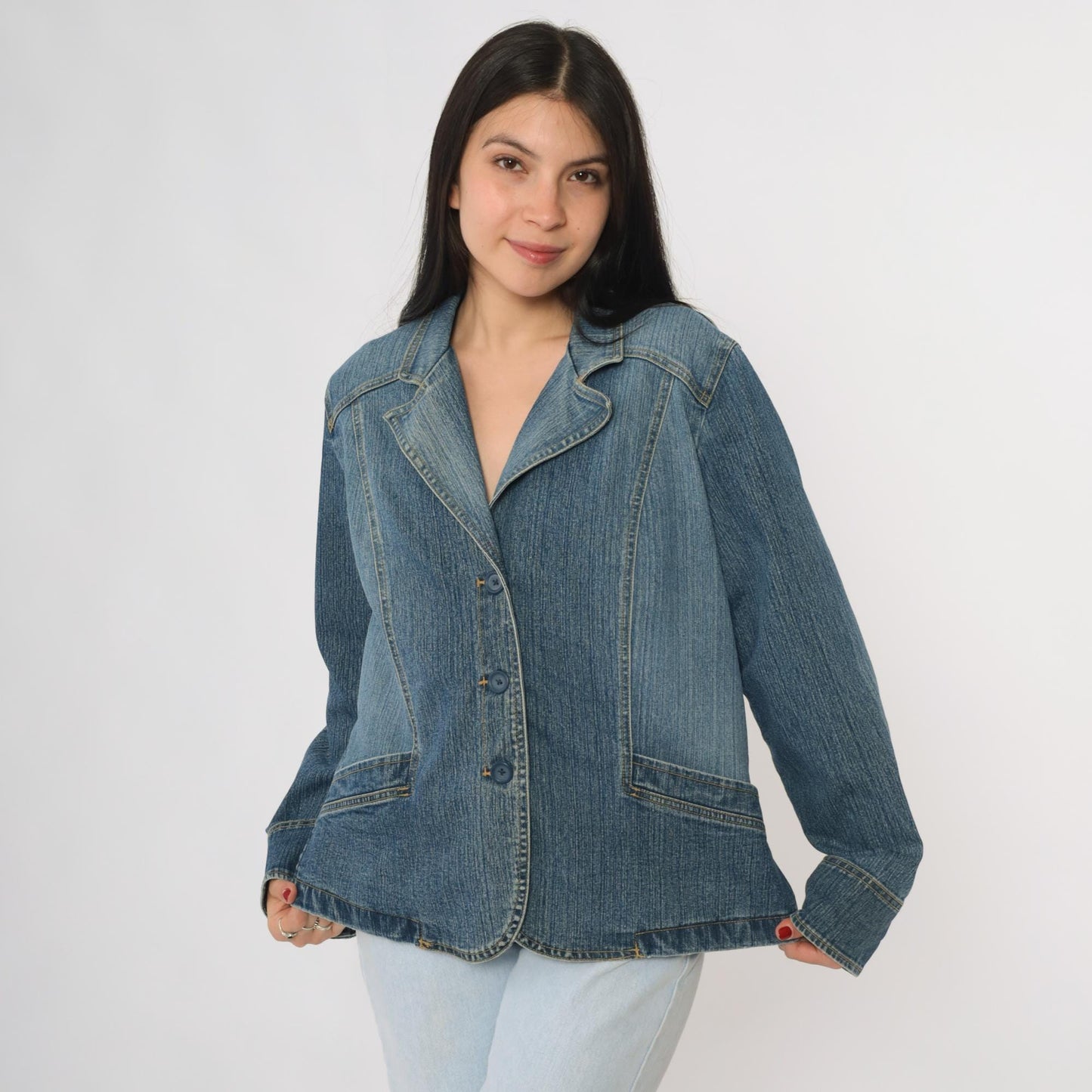 Y2K St Johns Bay Denim Blazer Blue Button Front Tailored Jacket Large L