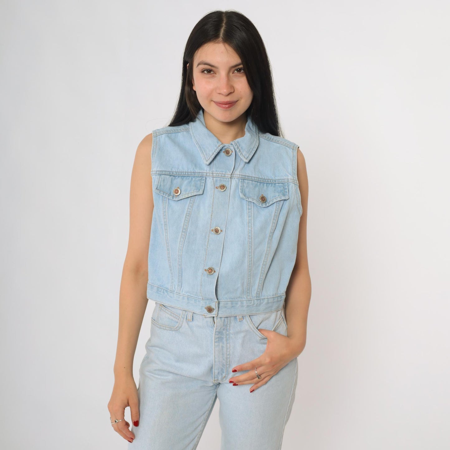 90s Faded Glory Light Wash Denim Vest Button Front Pointed Collar Large L