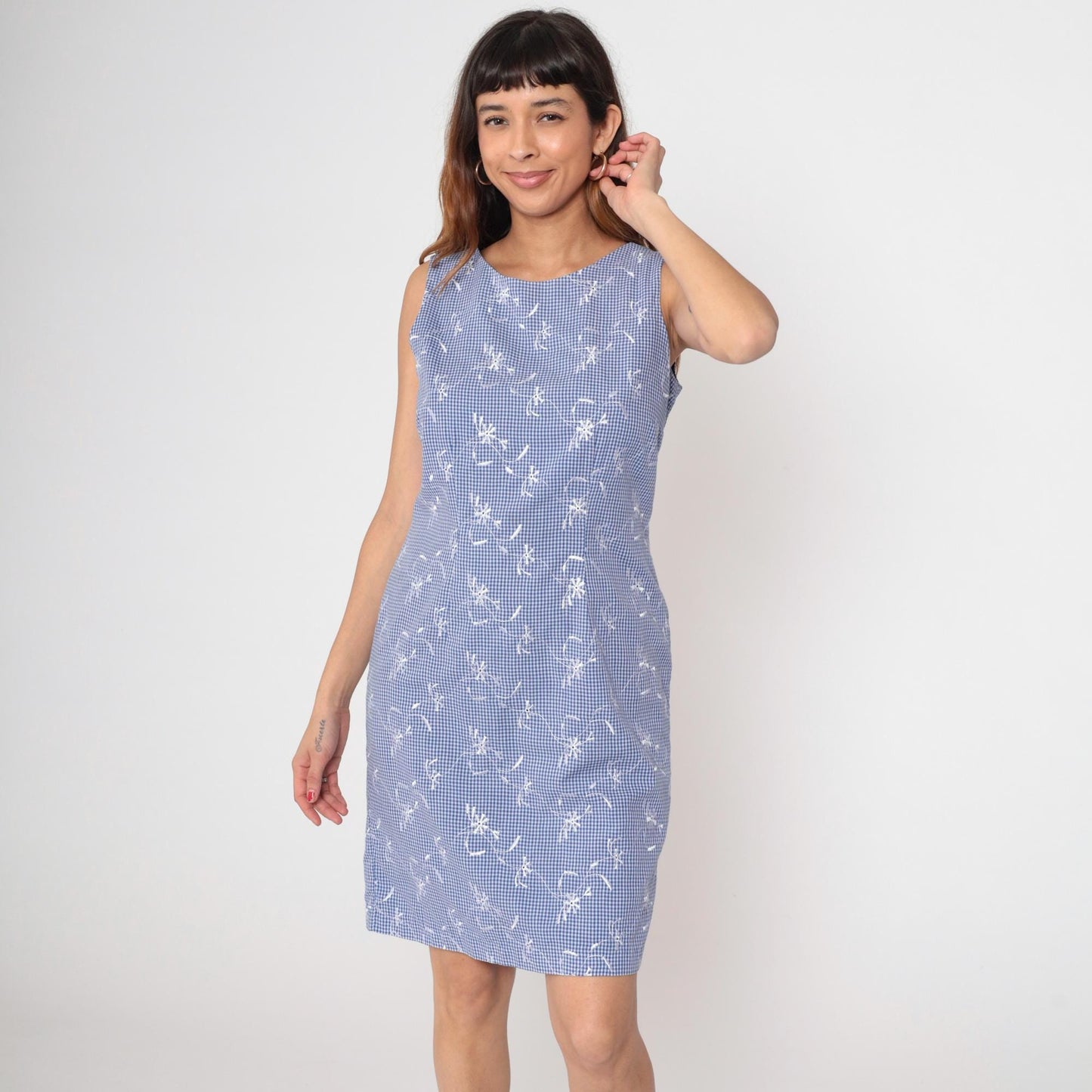 90s Blue Gingham Mini Dress Embroidered Floral Sleeveless Scoop Neck Medium M