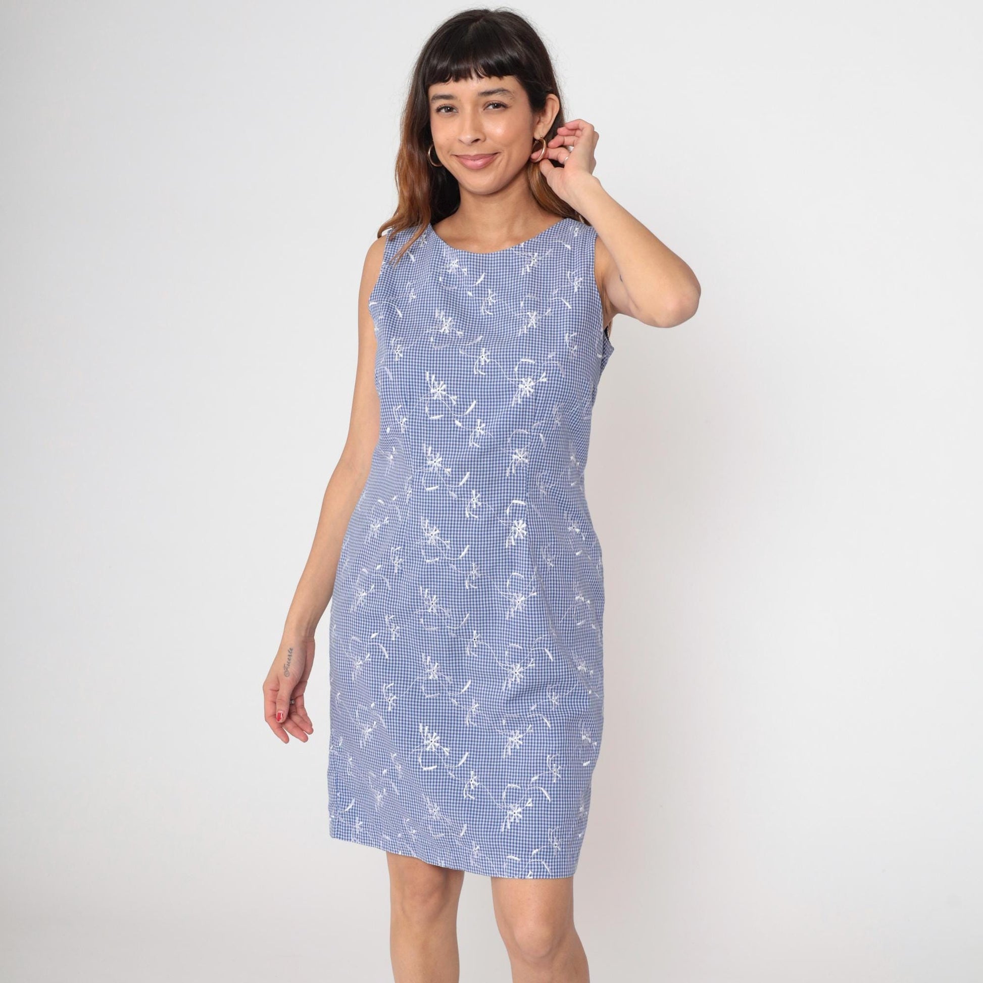 90s Blue Gingham Mini Dress Embroidered Floral Sleeveless Scoop Neck Medium M