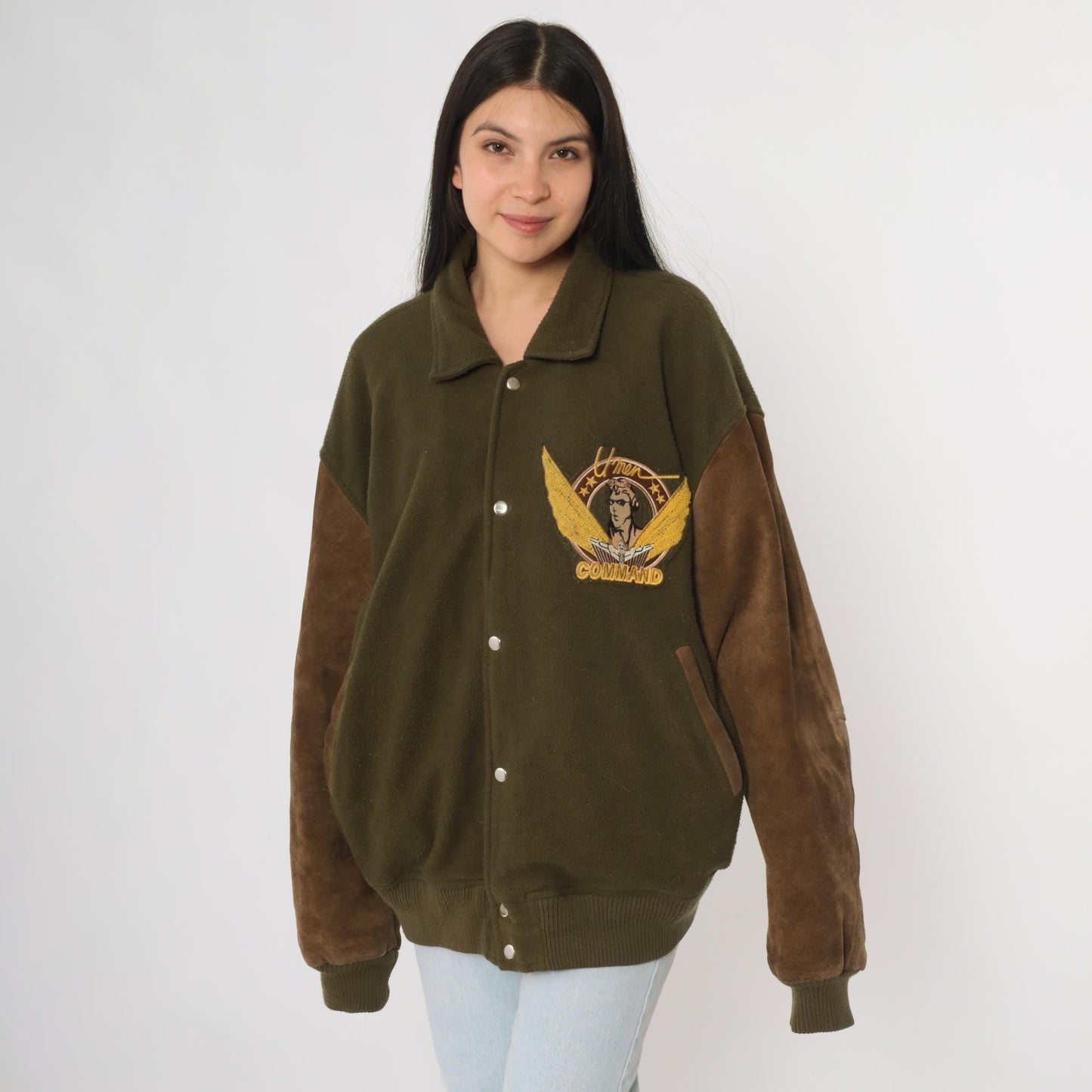 80s Aviator Bomber Jacket Green Suede Sleeves Pilot Embroidery Extra Large XL