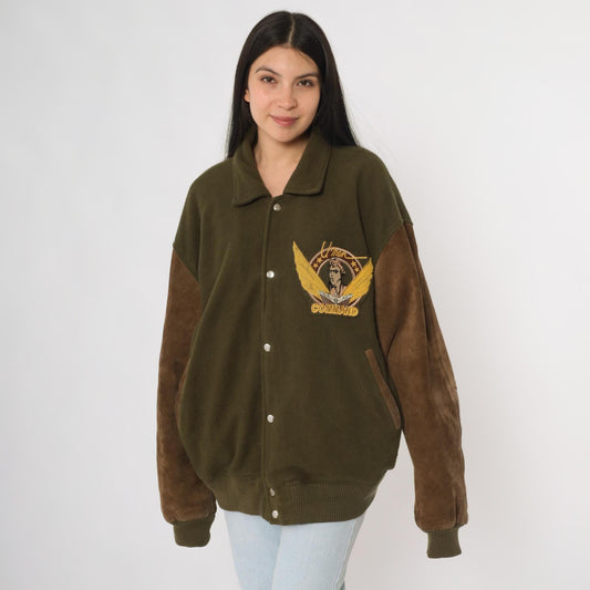 80s Aviator Bomber Jacket Green Suede Sleeves Pilot Embroidery Extra Large XL