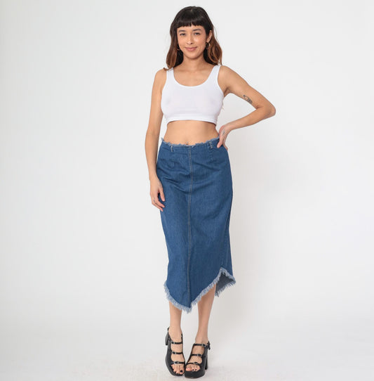 90s Blue Denim Midi Skirt Asymmetrical Frayed Hem Y2K Medium