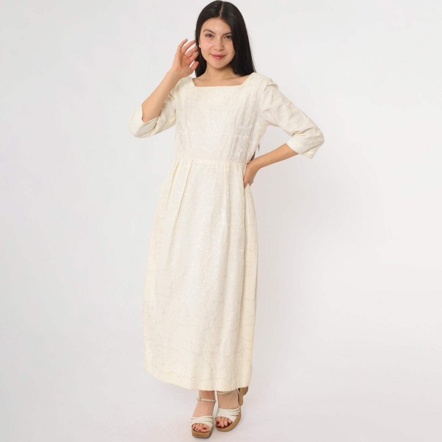 60s Cream Lace Midi Dress Square Neckline Embroidered Small