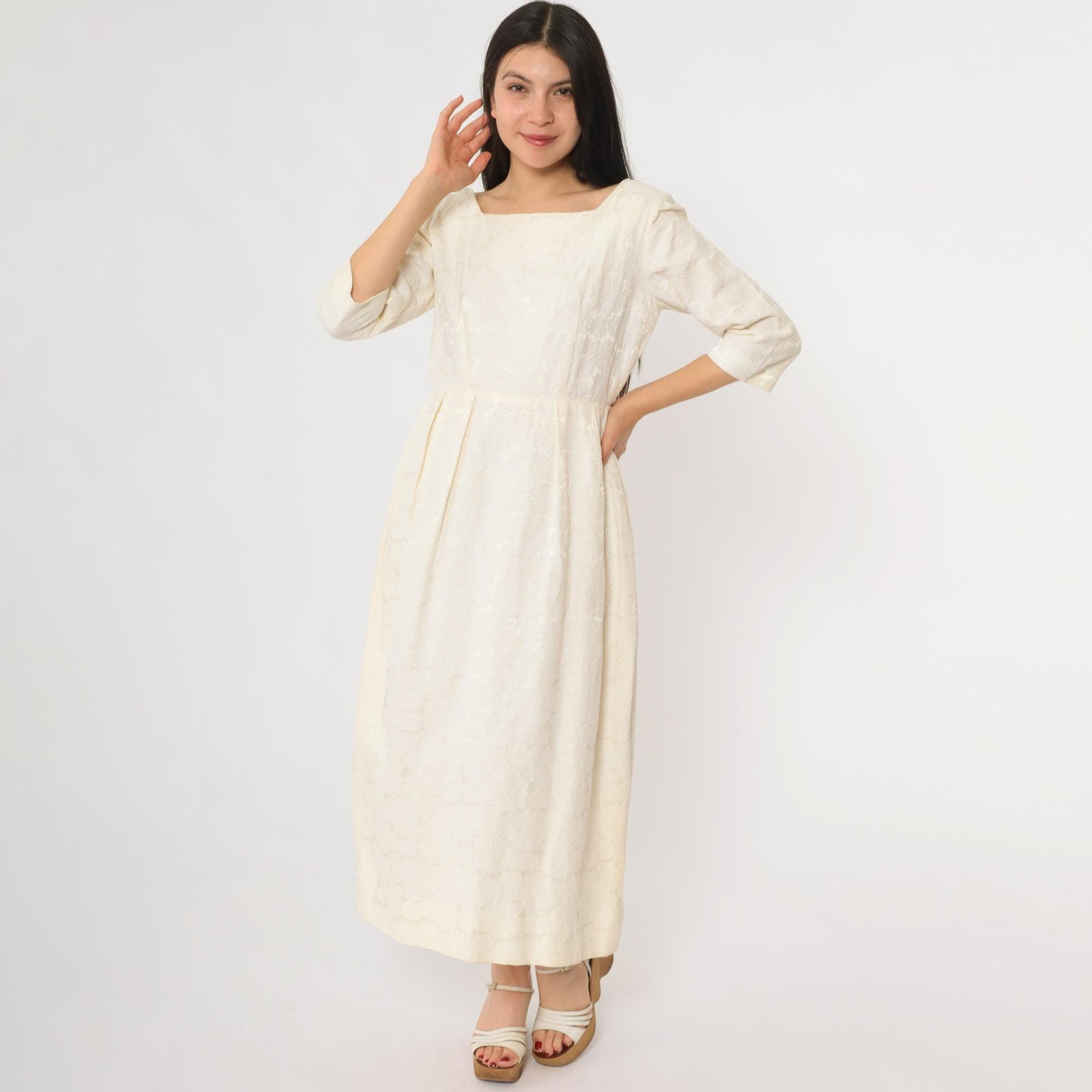 60s Cream Lace Midi Dress Square Neckline Embroidered Small