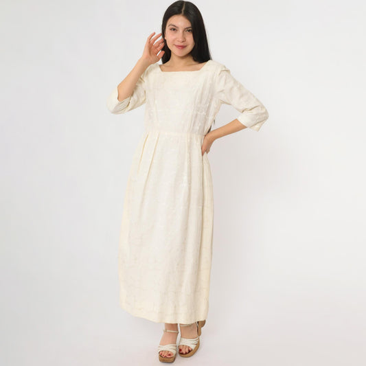 60s Cream Lace Midi Dress Square Neckline Embroidered Small