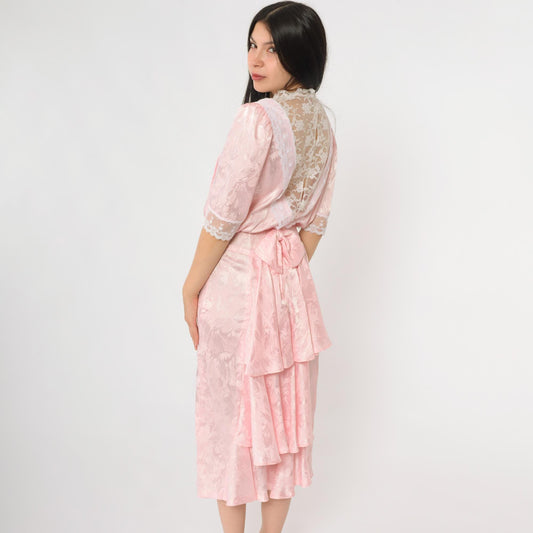 80s Pink Lace Midi Dress Puff Sleeve V-Neck Tiered Ruffle Extra Small XS