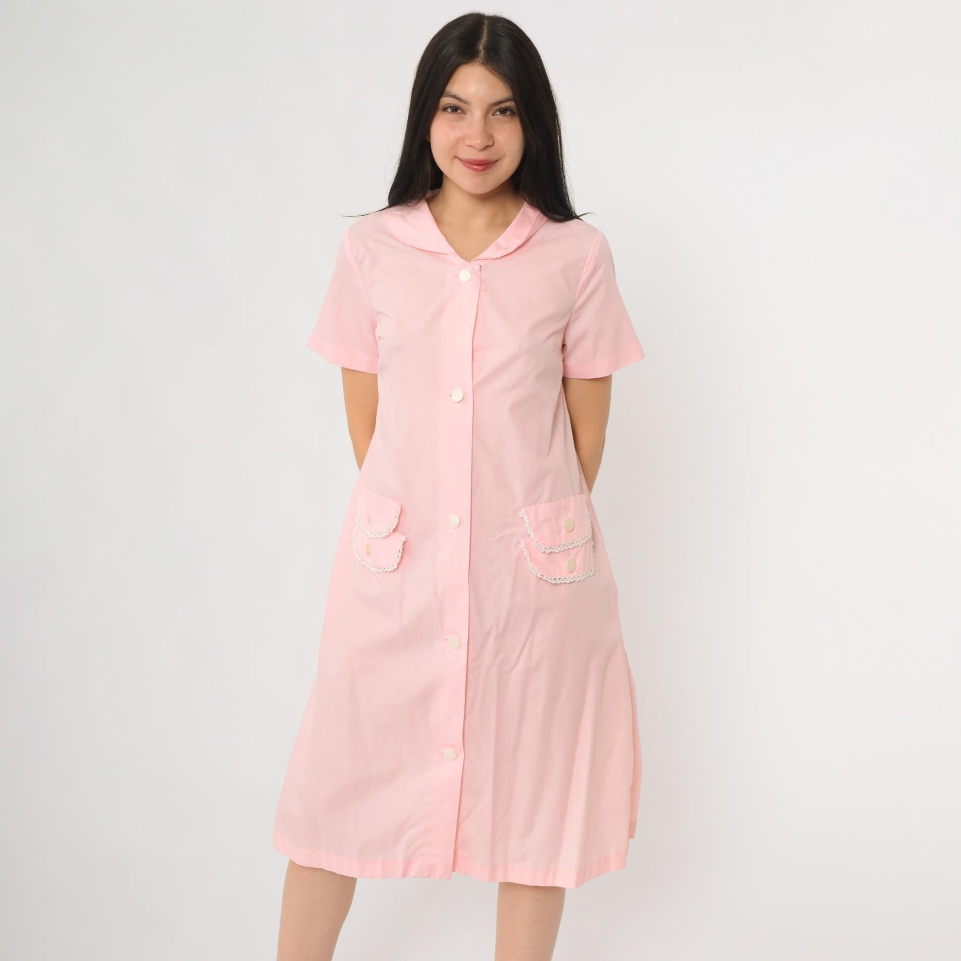 60s Charmode Pink House Dress Peter Pan Collar Lace Trim Pockets Medium