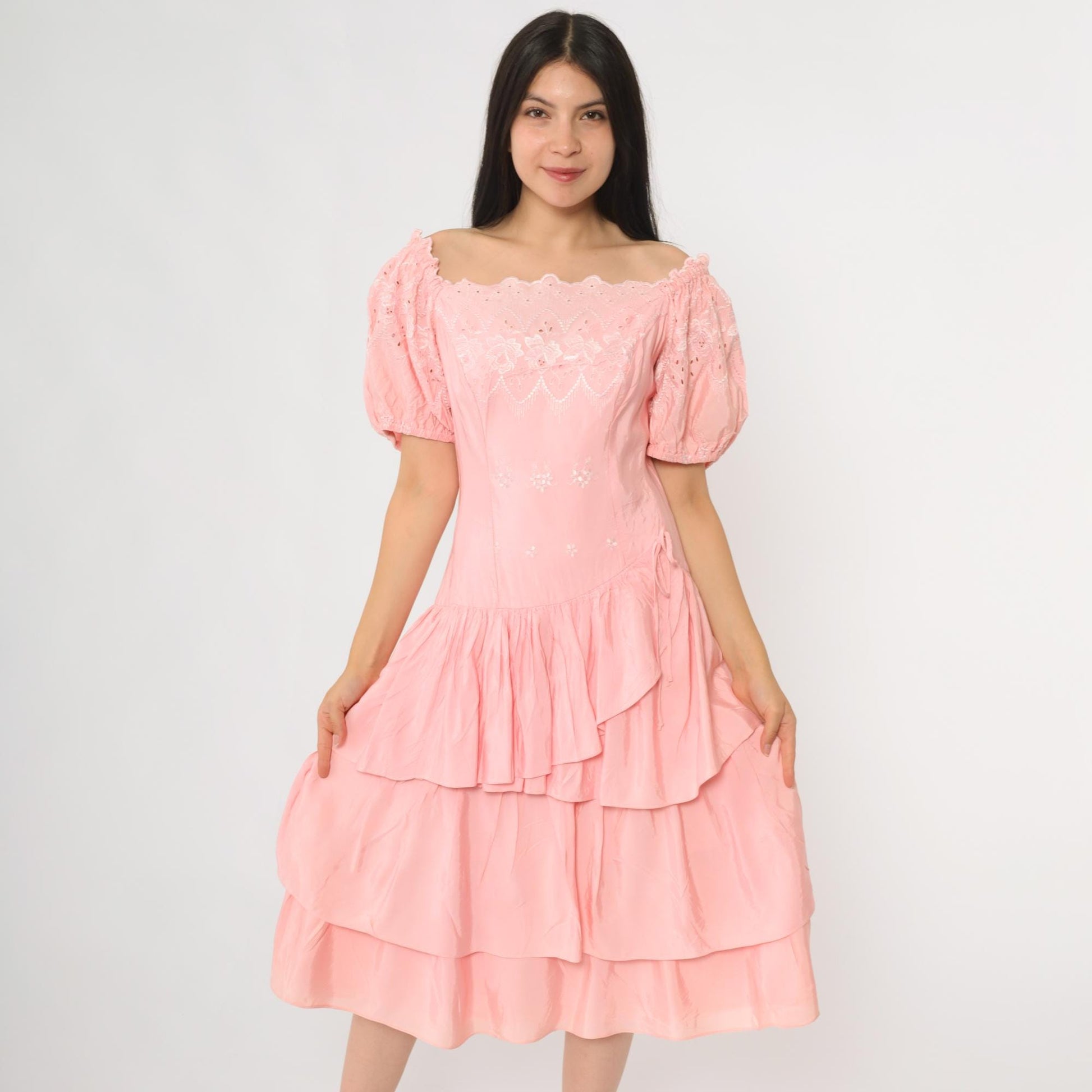 80s Pink Eyelet Midi Dress Off-Shoulder Puff Sleeve Tiered Ruffle Small