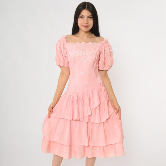 80s Pink Eyelet Midi Dress Off-Shoulder Puff Sleeve Tiered Ruffle Small