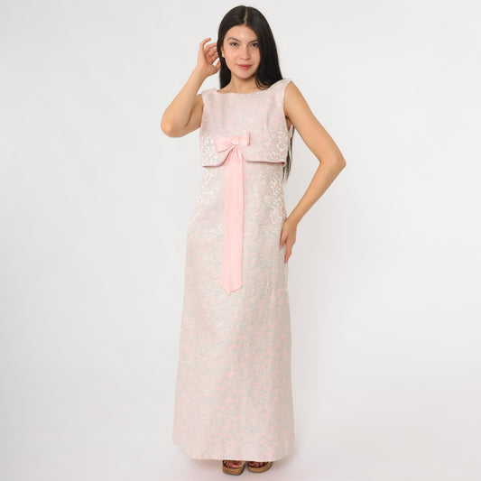 60s Pink Floral Maxi Dress Empire Waist Bow Tie Sleeveless Small