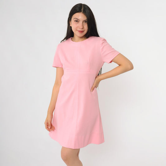 60s Pink Mini Shift Dress Mod Crew Neck A-Line Medium M