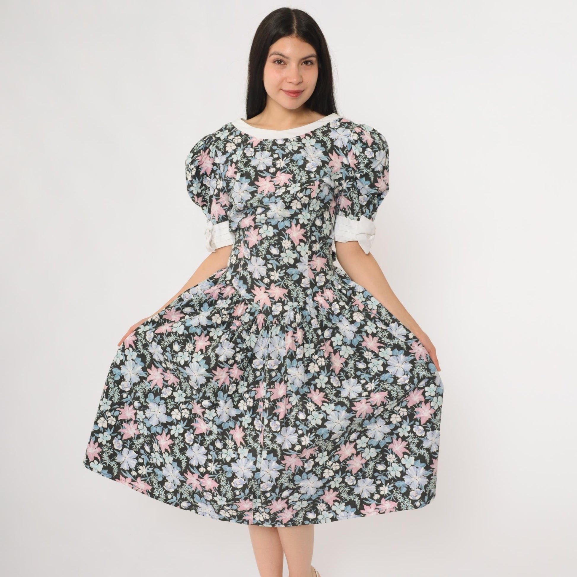 80s All That Jazz Floral Sundress Puff Sleeve Back Tie Cotton Medium