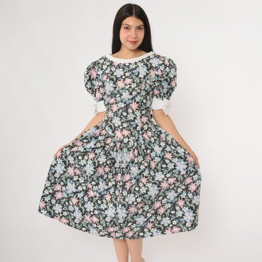 80s All That Jazz Floral Sundress Puff Sleeve Back Tie Cotton Medium