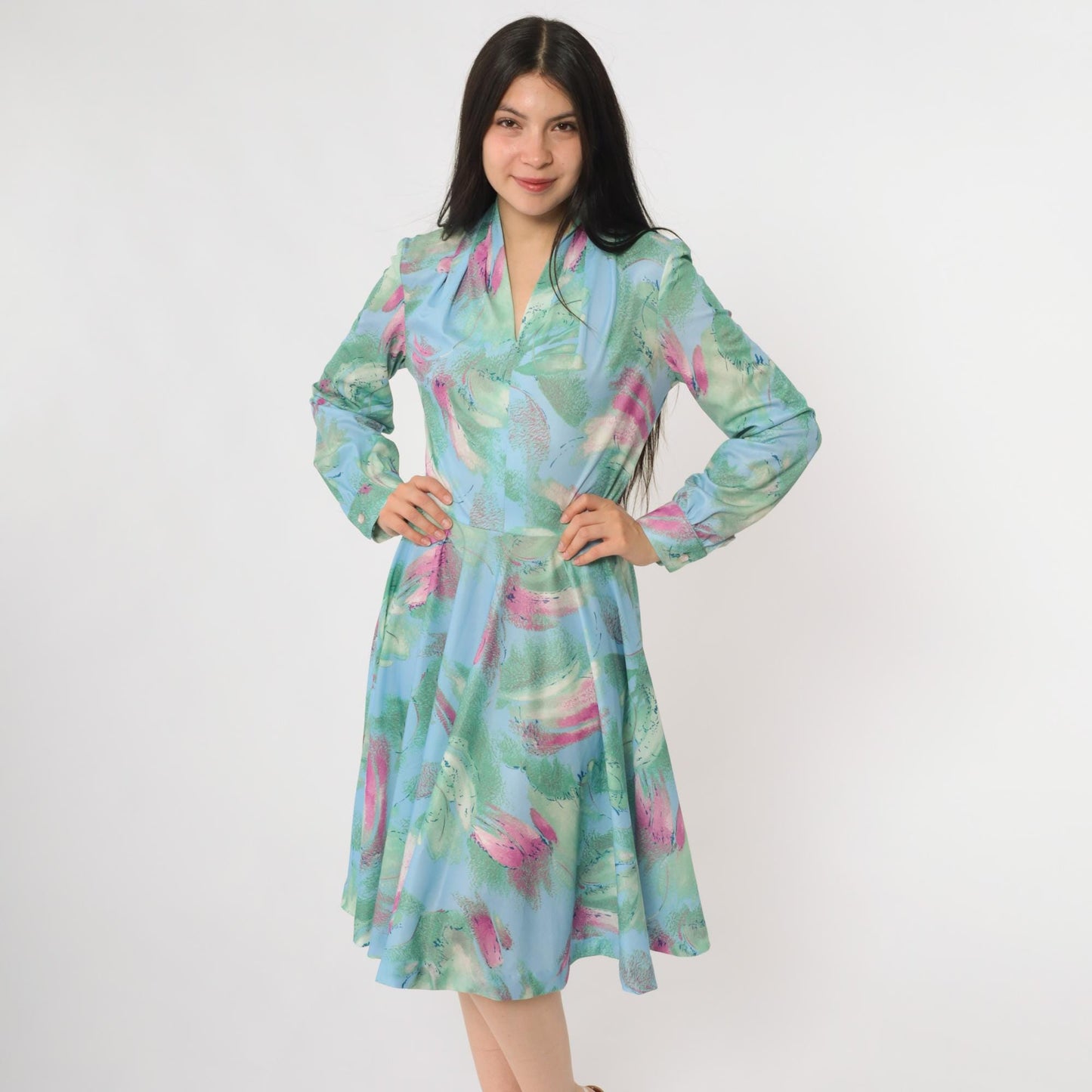 70s Watercolor Floral Dress V-Neck Abstract Print Wrap Midi Blue Green Medium M