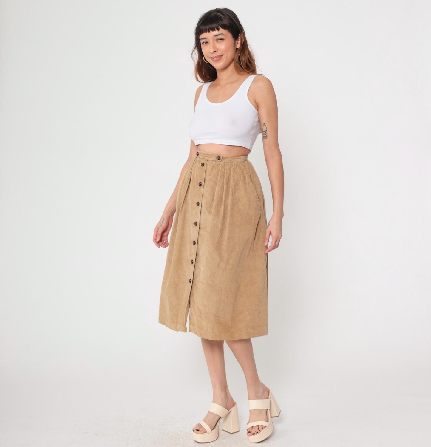 1970s Tan Corduroy Button-Front Midi Skirt High Waist A-Line Pleated Small