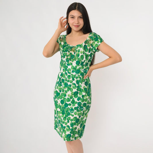 60s Green Leaf Sequin Cocktail Dress Cap Sleeve Knee Length Small