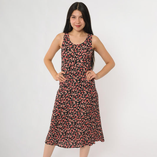 90s R&K Originals Cherry Blossom Floral Midi Dress Black Pink Medium M