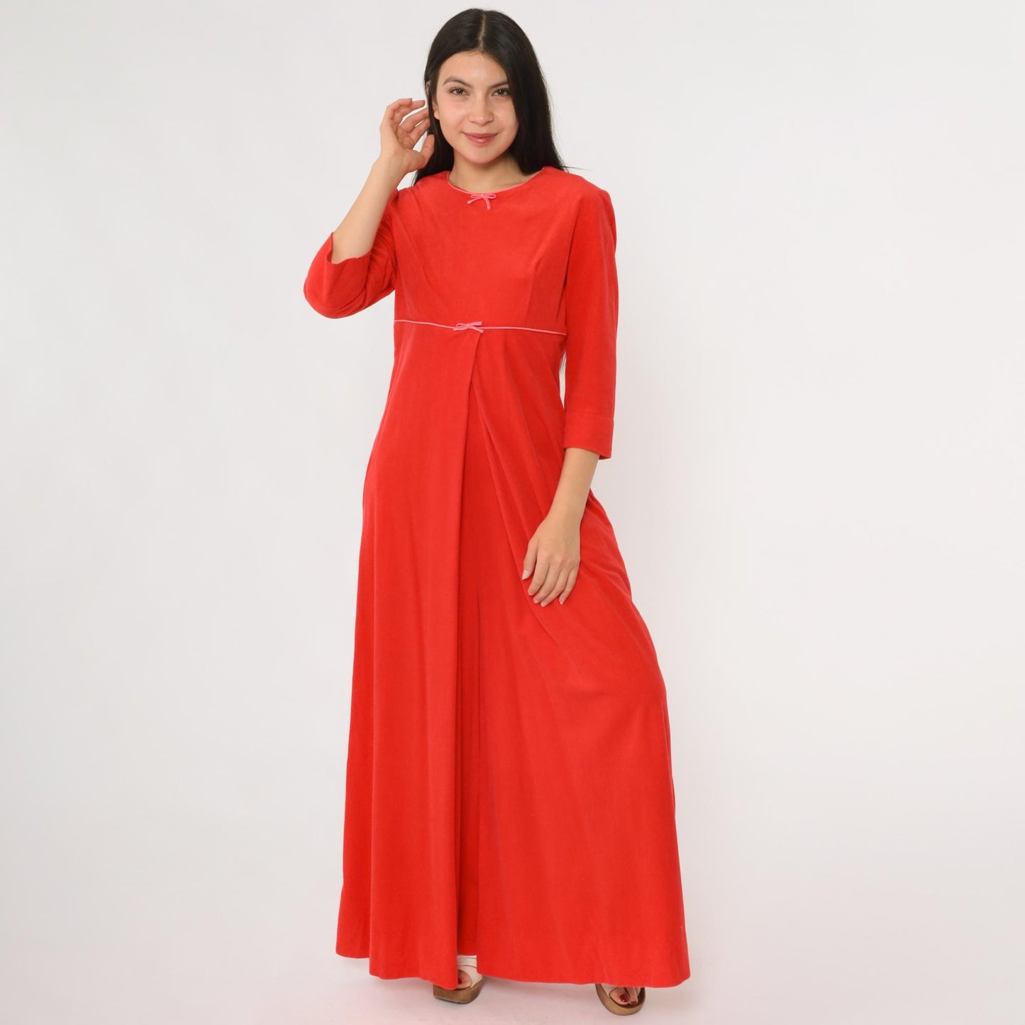 70s Chezelle Palazzo Jumpsuit Red Empire Waist Three-Quarter Sleeve Small