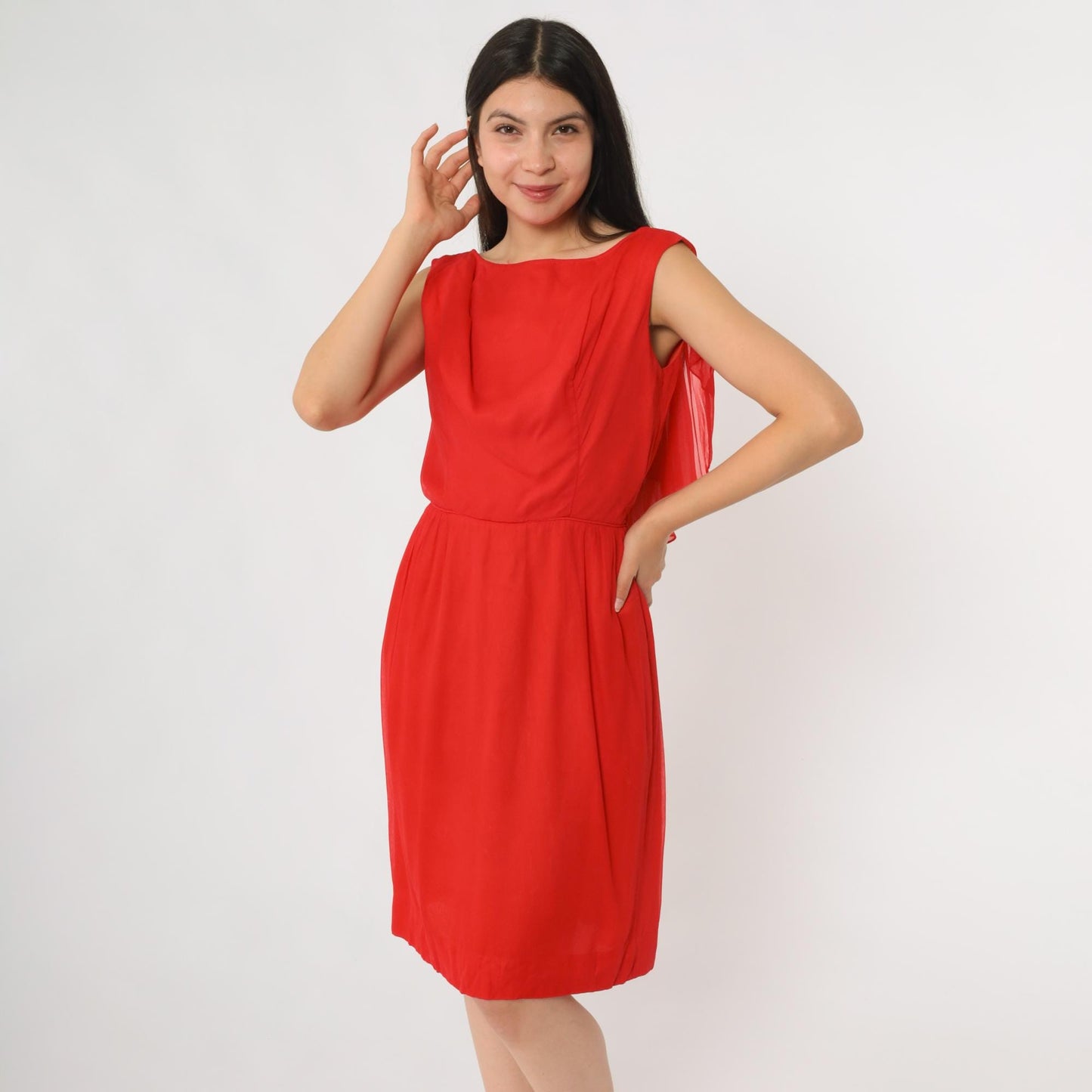 60s Red Chiffon Sleeveless Boat Neck Dress Knee Length Ruffle Medium