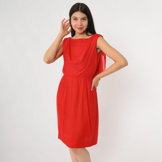 60s Red Chiffon Sleeveless Boat Neck Dress Knee Length Ruffle Medium