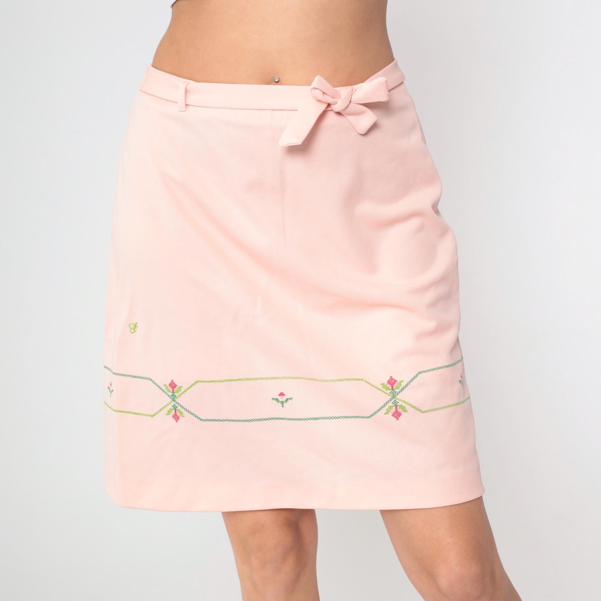 70s Pink Mini A-Line Skirt Cross Stitch Floral Bow Belt Medium