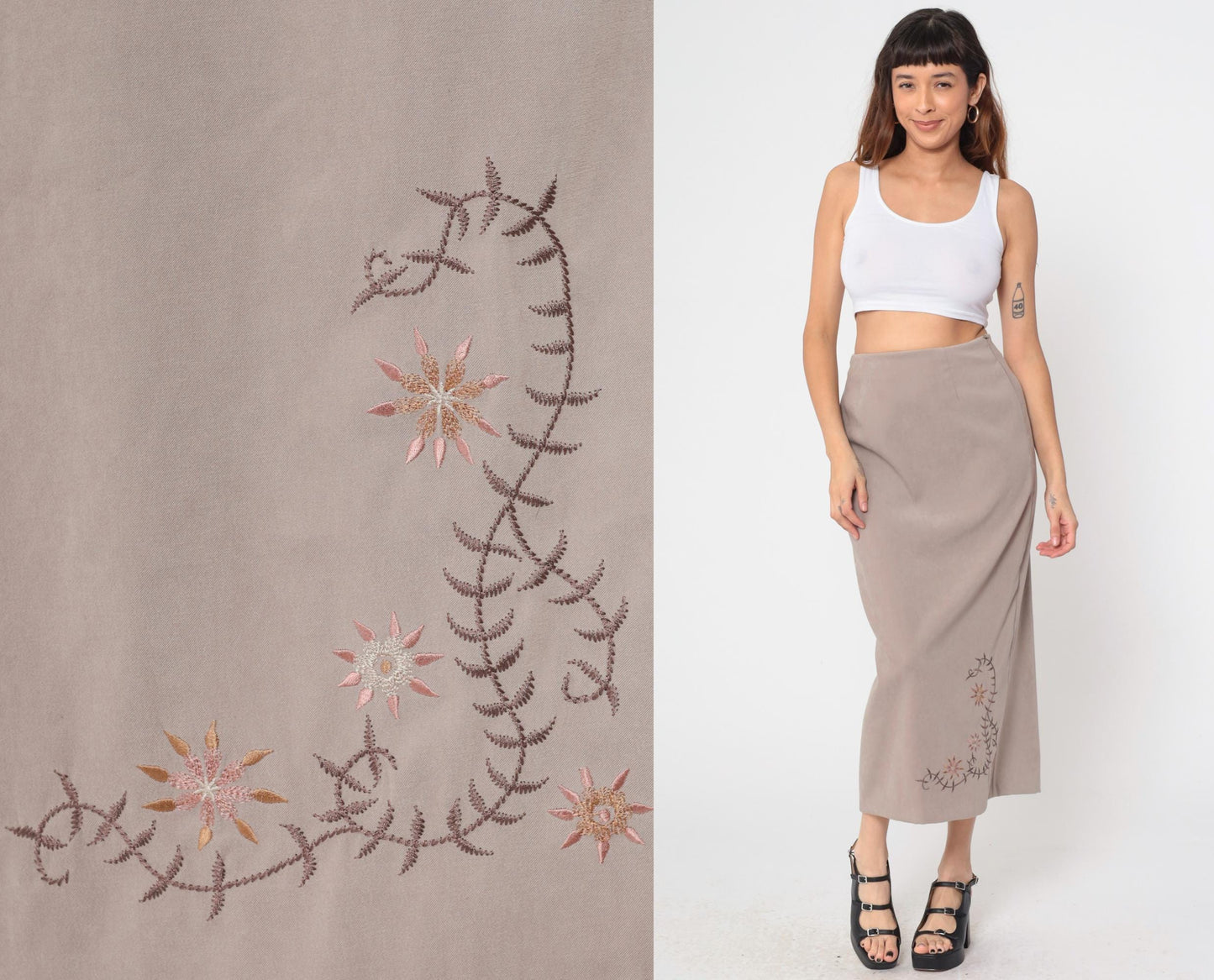 90s Taupe Floral Embroidered Maxi Skirt High Waist Column Medium
