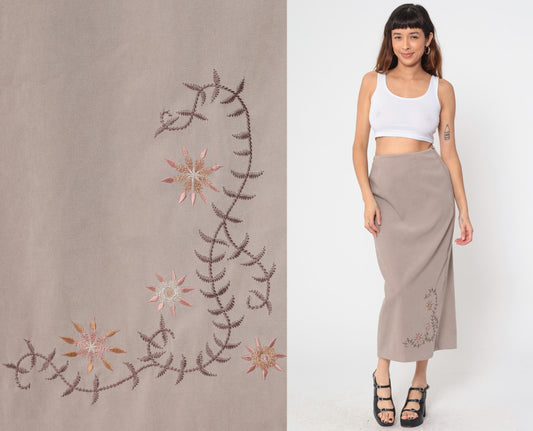 90s Taupe Floral Embroidered Maxi Skirt High Waist Column Medium