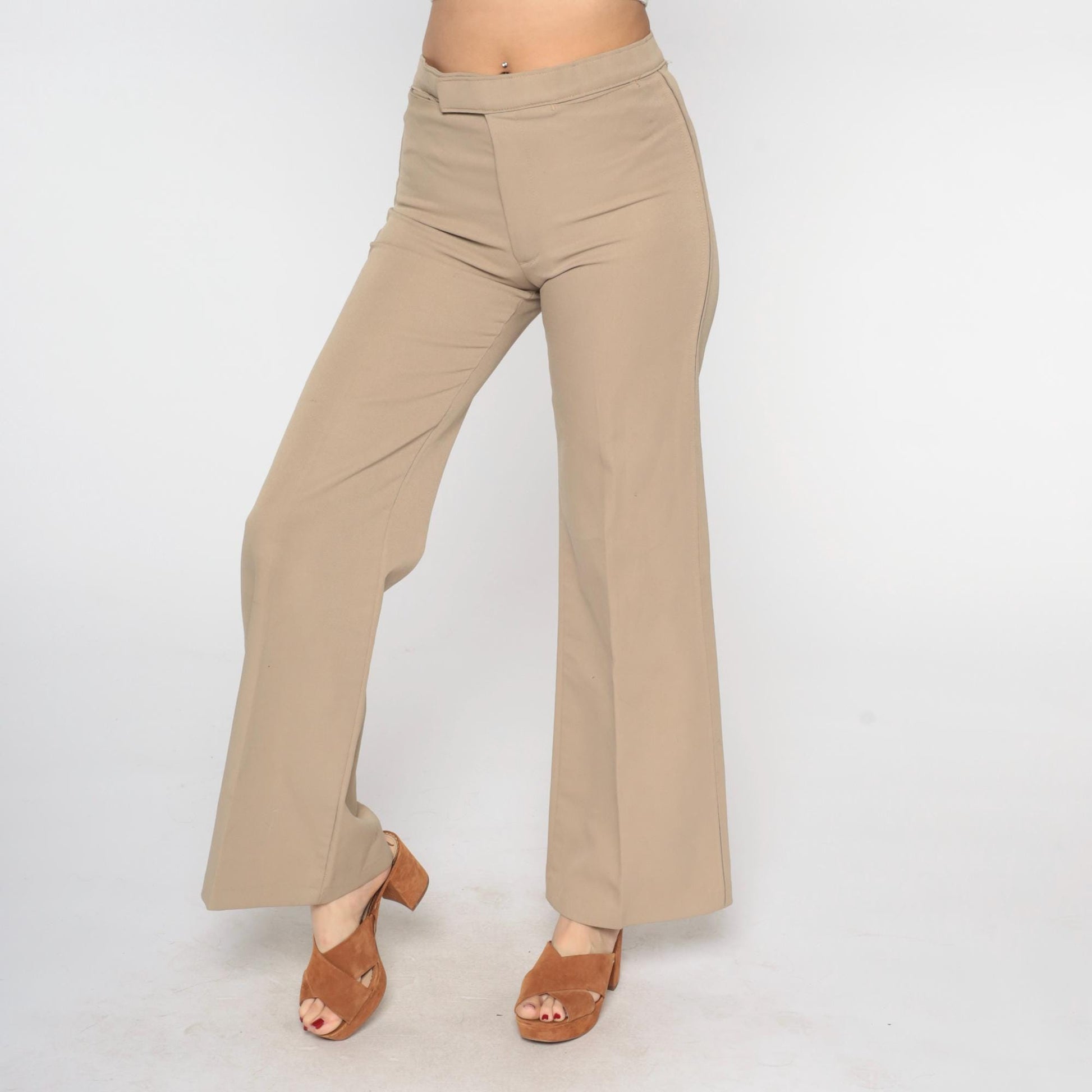 70s Tan Straight Leg Pants Low Rise Vintage Trousers Medium