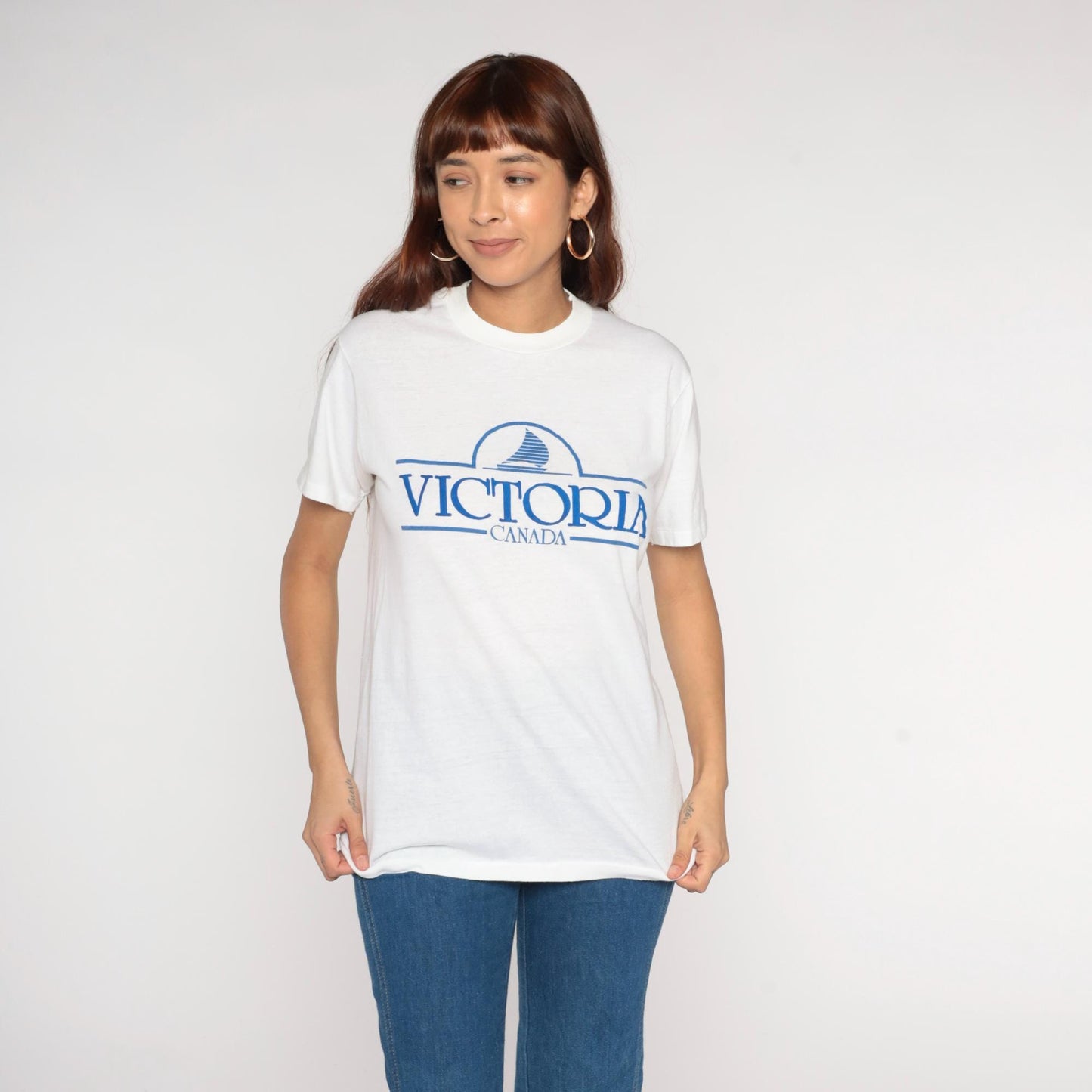 80s Victoria Canada Sailboat Graphic T-Shirt White Blue Souvenir Large
