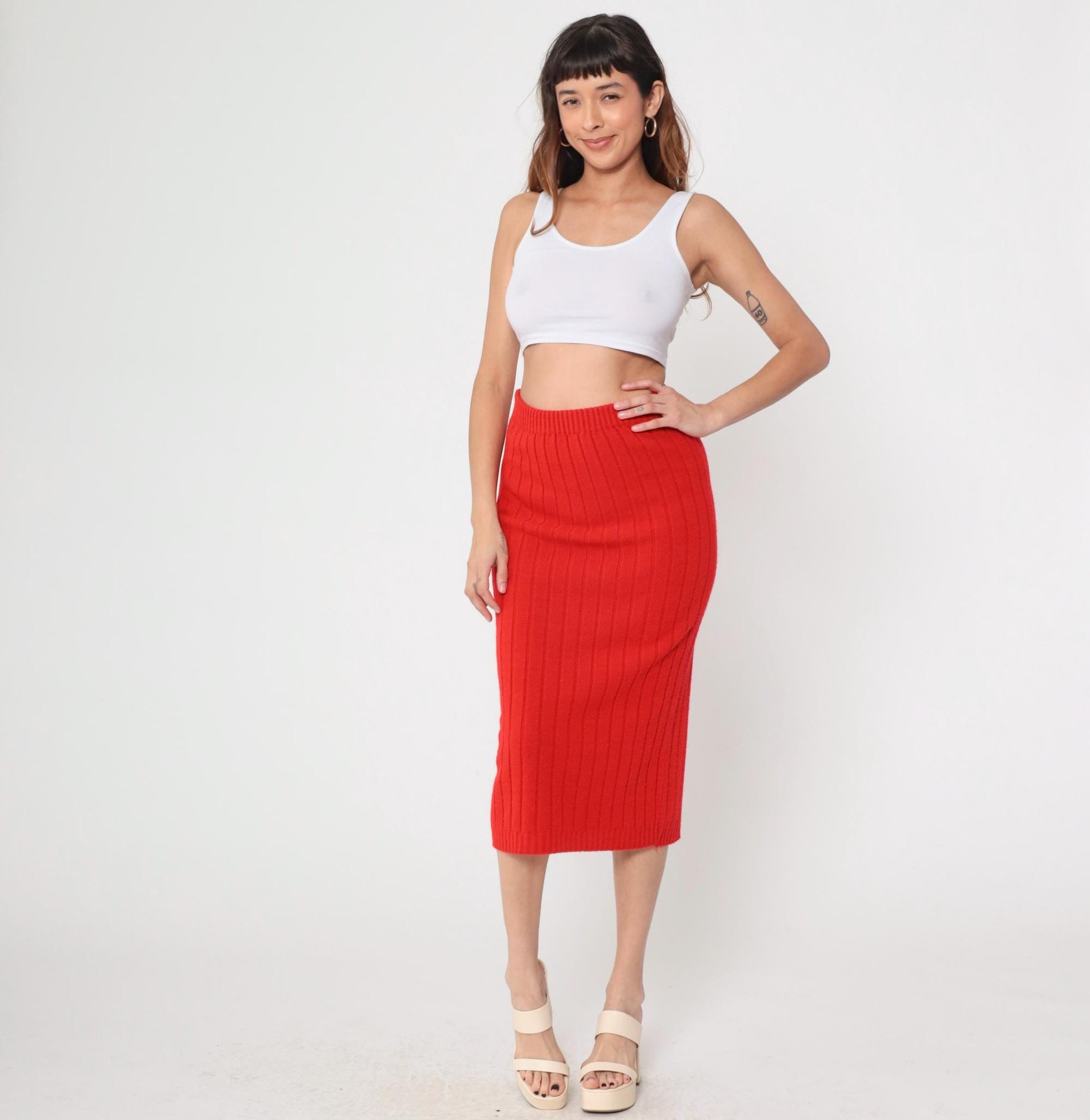 70s Red Ribbed Knit Mini Skirt High Waist A-Line Small