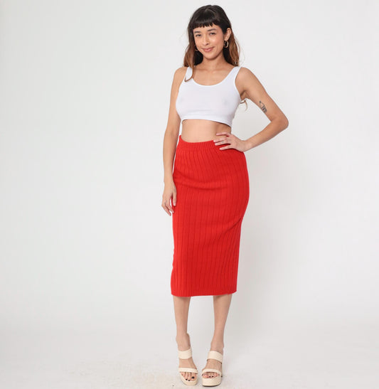 70s Red Ribbed Knit Mini Skirt High Waist A-Line Small