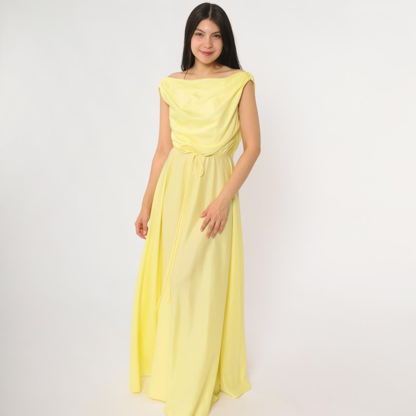 70s Yellow Maxi Dress Cowl Neck Sleeveless Waist Tie Small