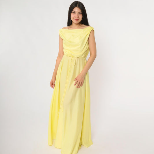 70s Yellow Maxi Dress Cowl Neck Sleeveless Waist Tie Small