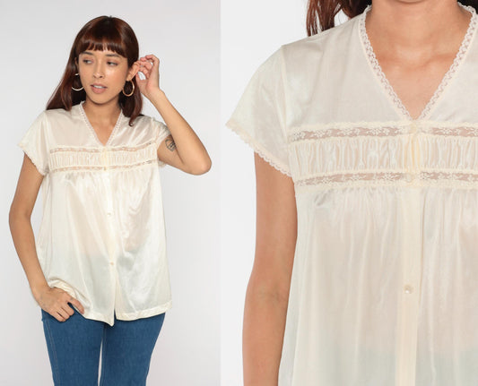 80s Sears Cream Lace Trim Blouse Short Sleeve Medium M