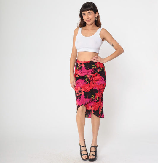 Y2K Heart and Soul Tropical Print Midi Pencil Skirt Pink Black Red Small