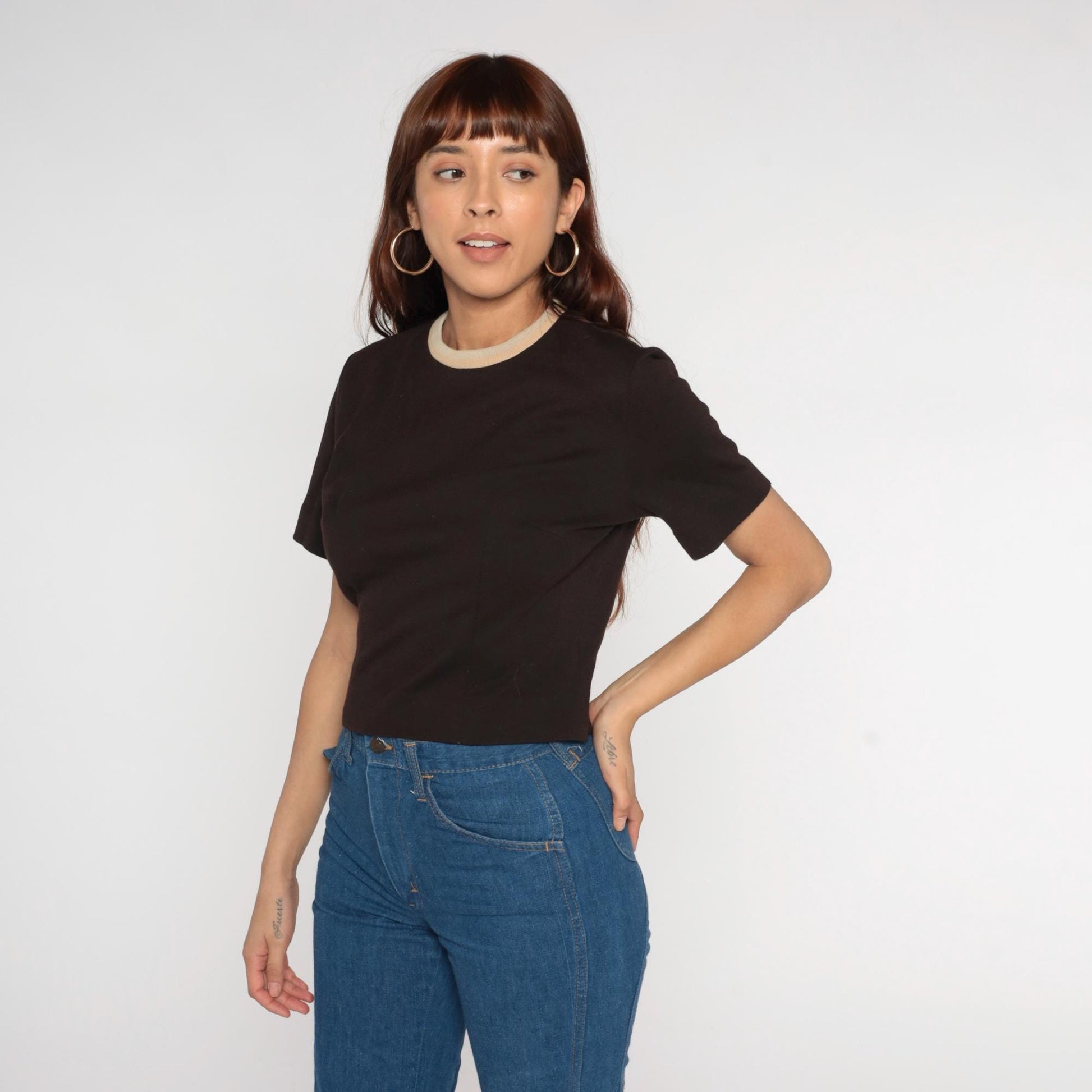 70s Cream Ringer Tee Brown Trim Cropped Fitted Short Sleeve Medium