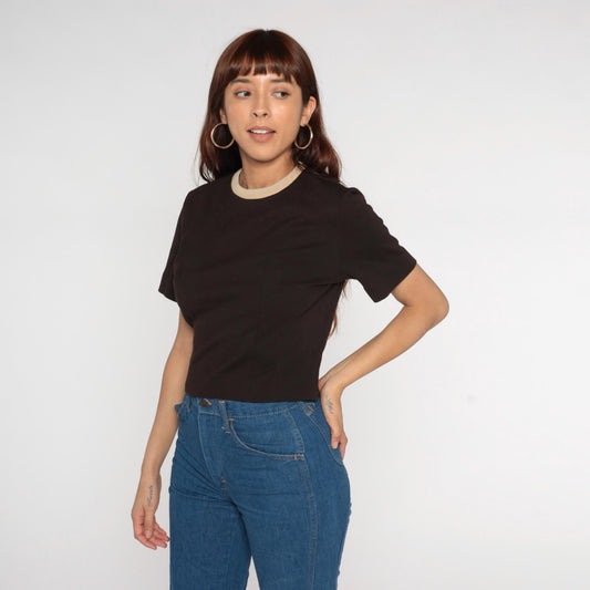 70s Cream Ringer Tee Brown Trim Cropped Fitted Short Sleeve Medium