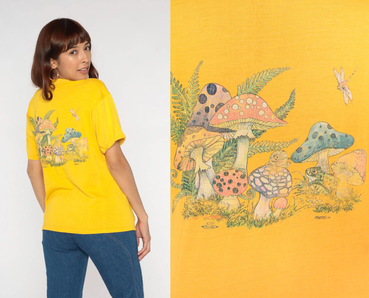 70s Yellow Mushroom Graphic Cotton T-Shirt Pocket Tee Medium