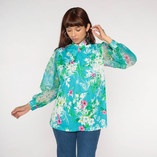70s Hawaiian Turquoise Floral Blouse Long Sleeve Button Front Medium M