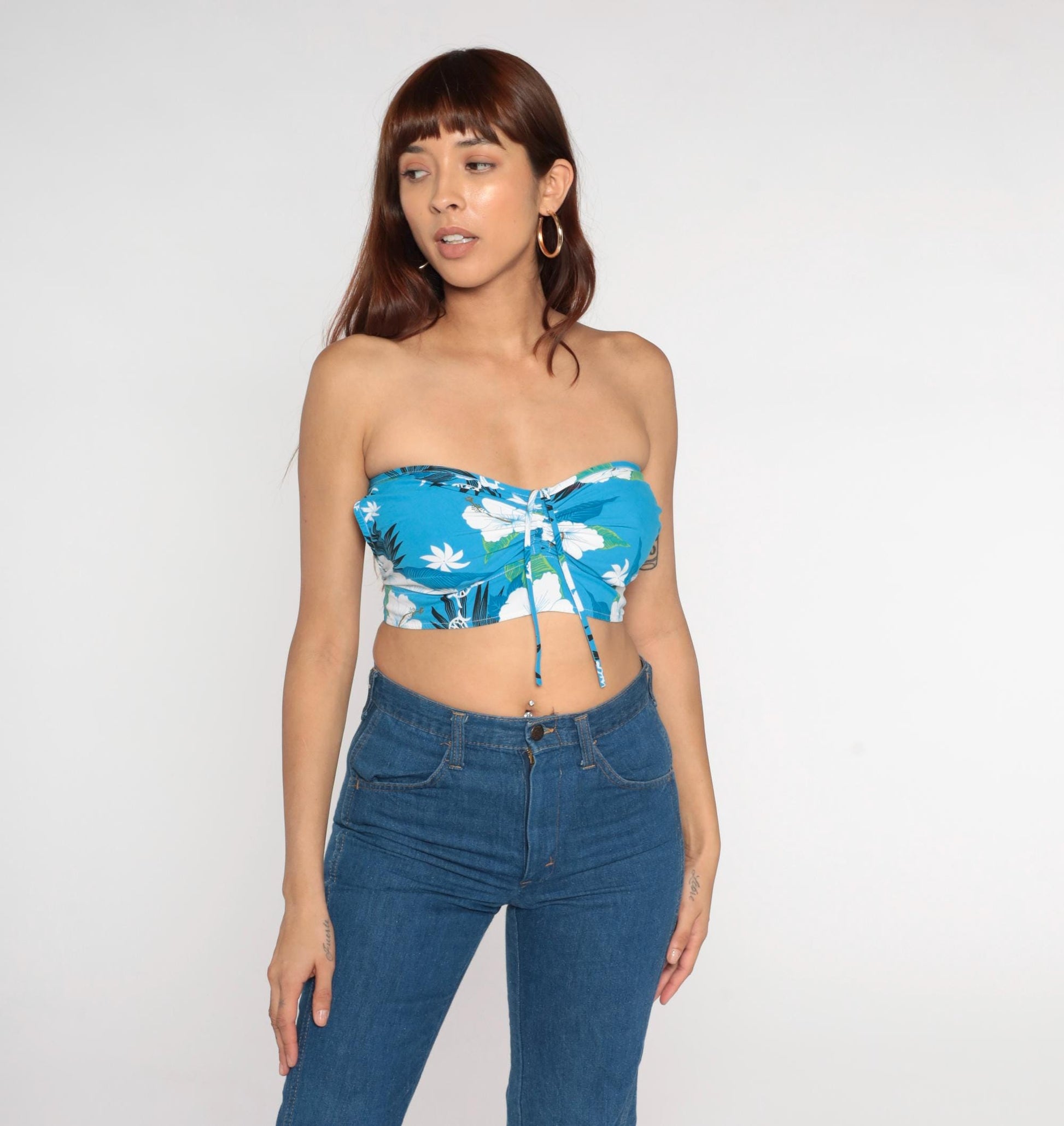 Y2K Blue Hawaiian Hibiscus Cotton Bandeau Crop Top Strapless Tie Back Small