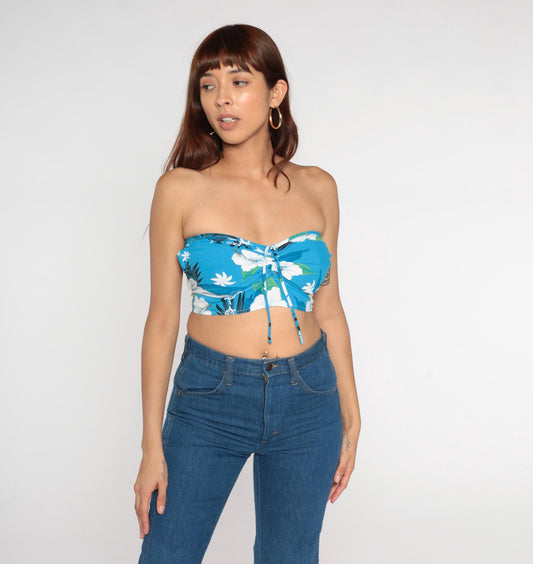 Y2K Blue Hawaiian Hibiscus Cotton Bandeau Crop Top Strapless Tie Back Small