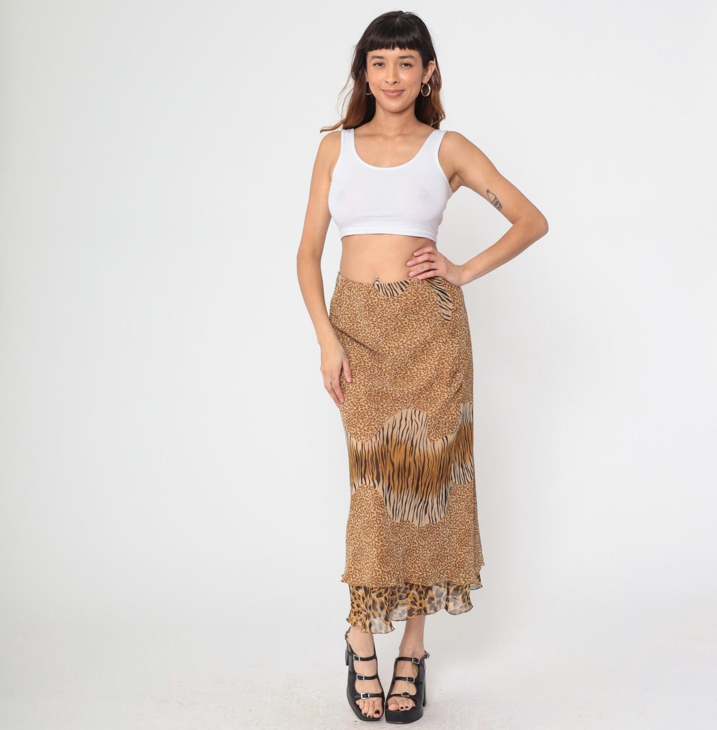Y2K Mixed Animal Print Midi Skirt Leopard Zebra Cheetah Tiered Ruffle Medium