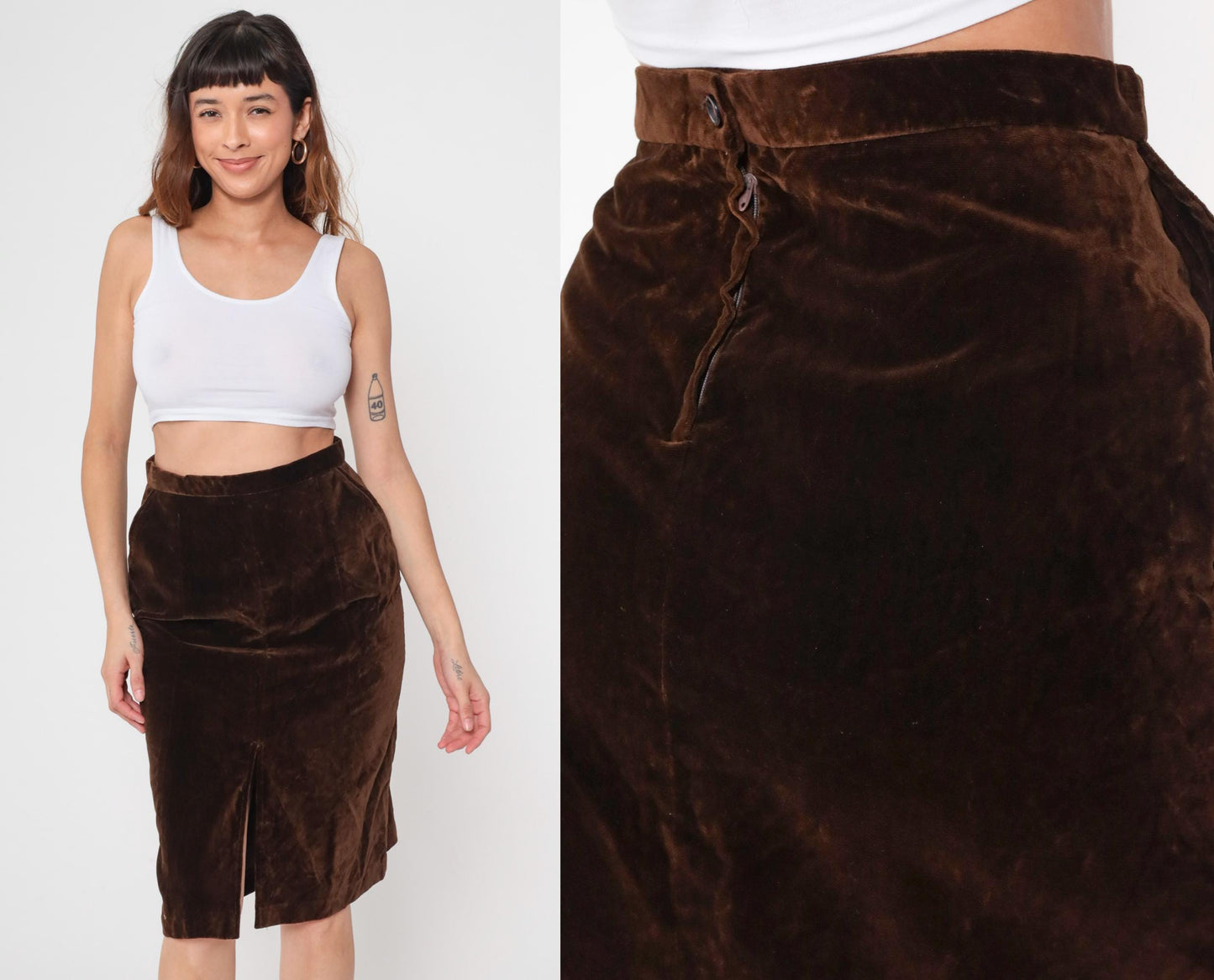 70s Brown Velvet Mini Skirt High Waist A-Line Small