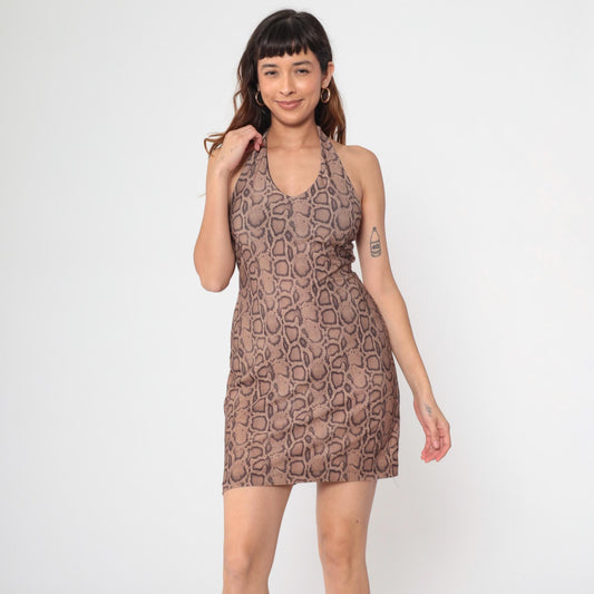 Y2K Brown Snake Print Halter Mini Dress Small S
