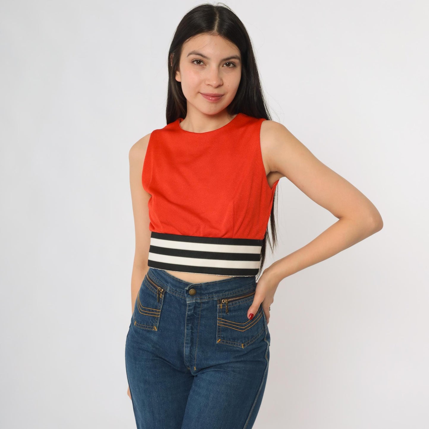 70s Red Orange Tank Top Striped Waistband Cropped Sleeveless Extra Small 2XS
