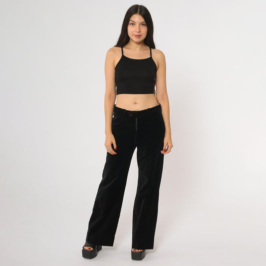 80s Black Velvet Wide Leg High Waisted Trousers Straight Leg Medium